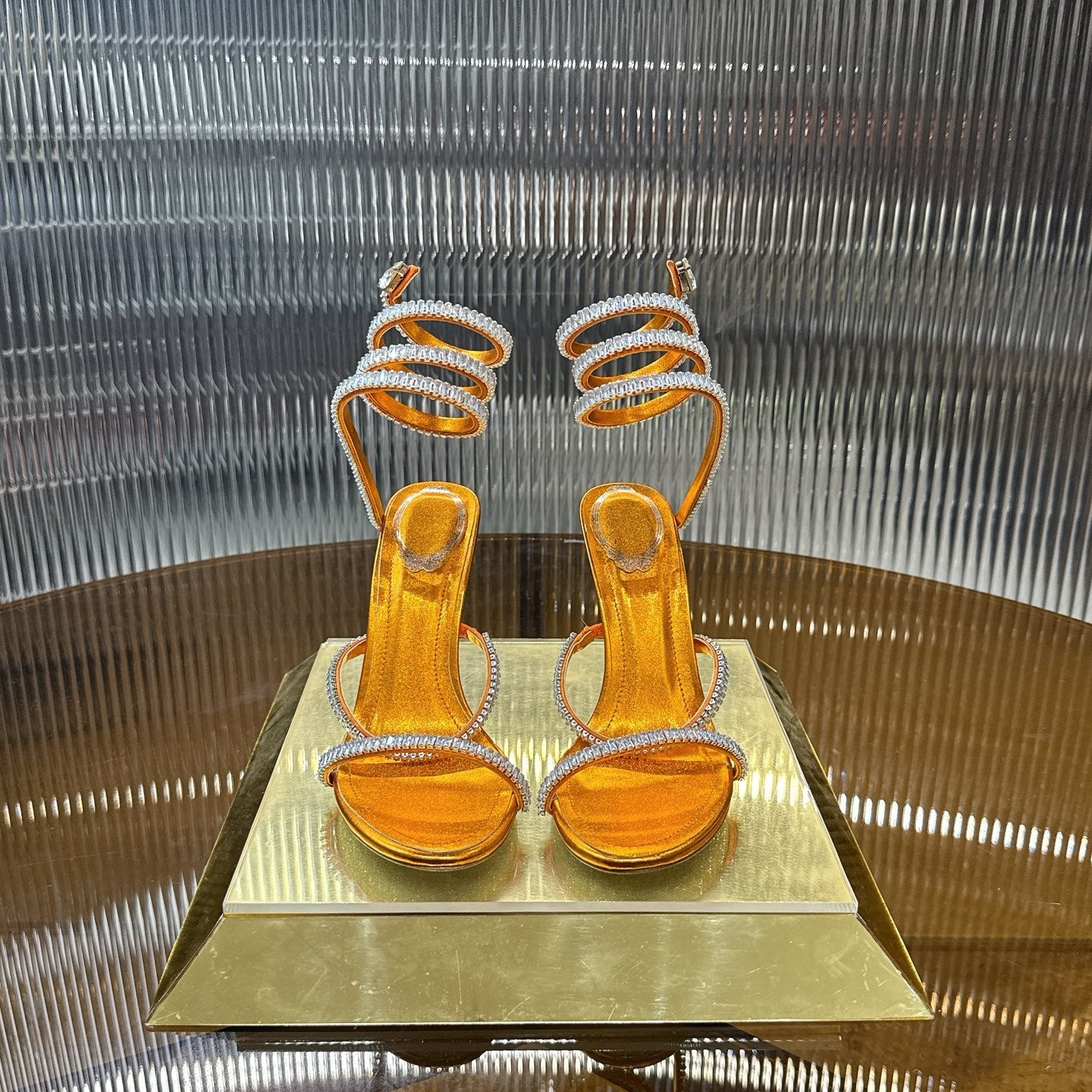RENE CAOVILLA 26S STILETTO SANDALS 95 MM IN DARK ORANGE LAMBSKIN