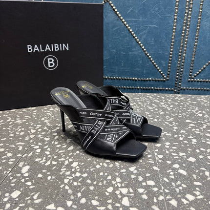 BALMAIN 26S HIGH-HEEL SANDALS 95 MM IN BLACK CALFSKIN AND FABRIC