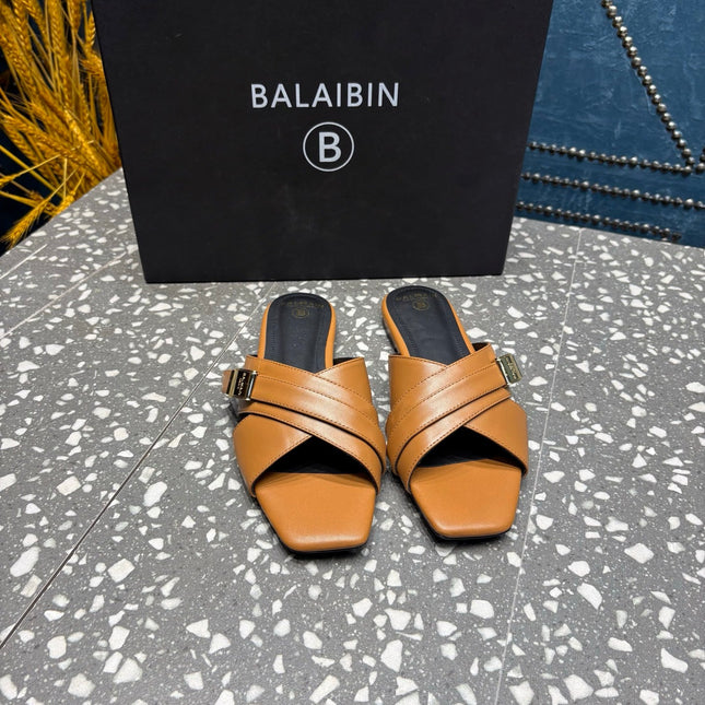 BALMAIN 26S CROSS-STRAP SLIDES IN BROWN CALFSKIN