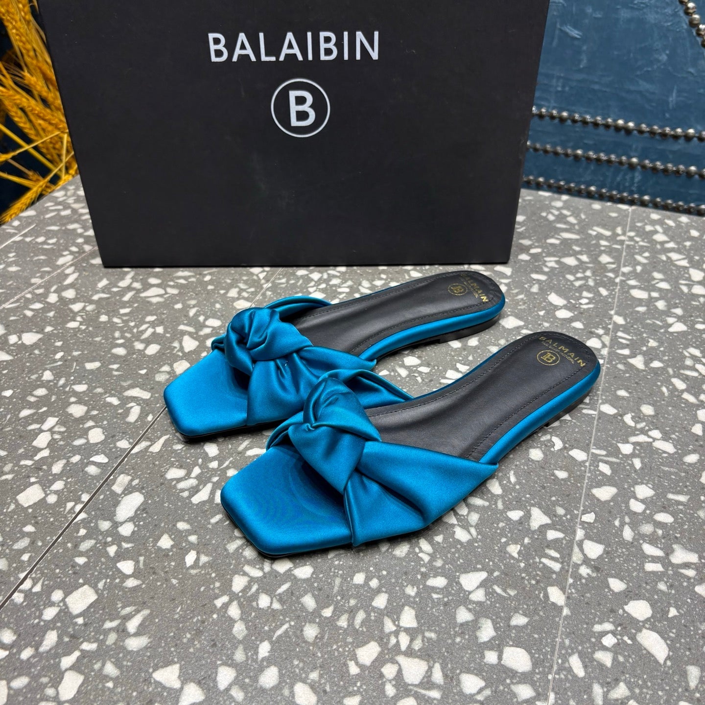 BALMAIN 26S SLIDES IN OCEAN BLUE SATIN