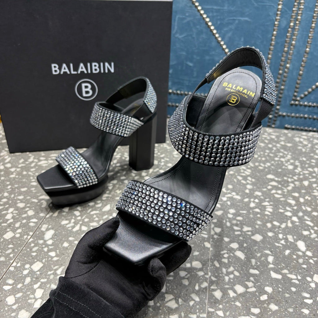 BALMAIN 26S HIGH-HEELED SANDALS 105 MM IN BLACK CALFSKIN WITH SILVER STONE EMBELLISHED