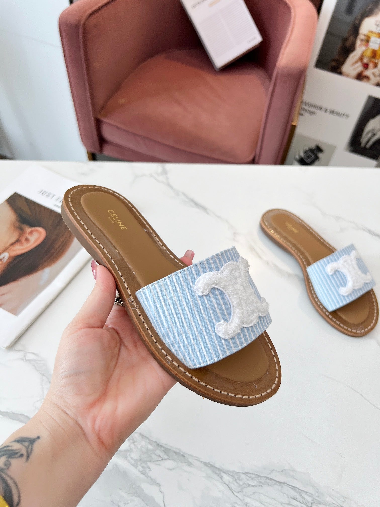 LYMPIA MULE STRIPED BLUE SKY CANVAS WOOL LOGO