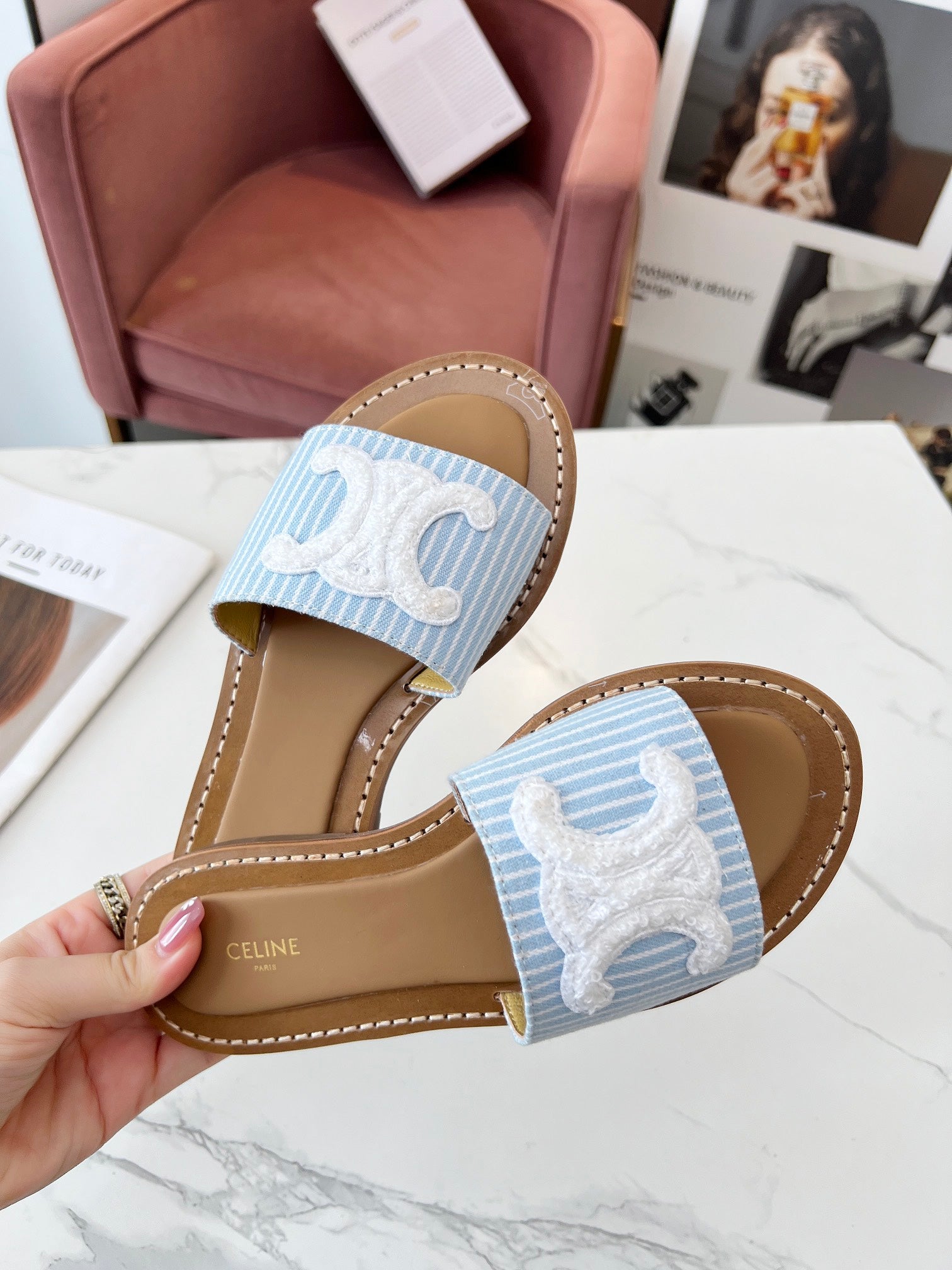 LYMPIA MULE STRIPED BLUE SKY CANVAS WOOL LOGO