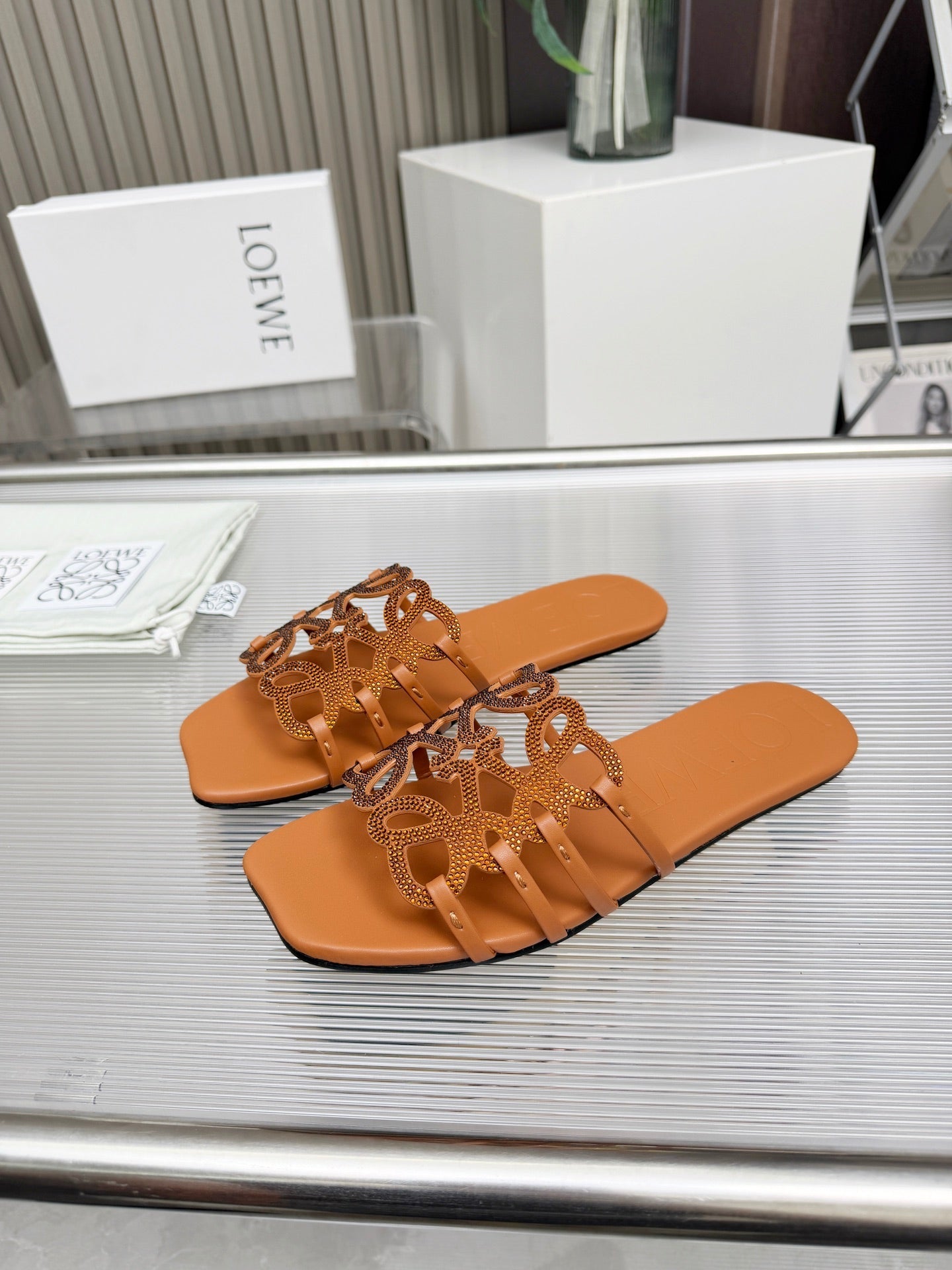 LOEWE 26S FLAT SANDALS IN BURNT ORANGE CALFSKIN WITH CRYSTALS
