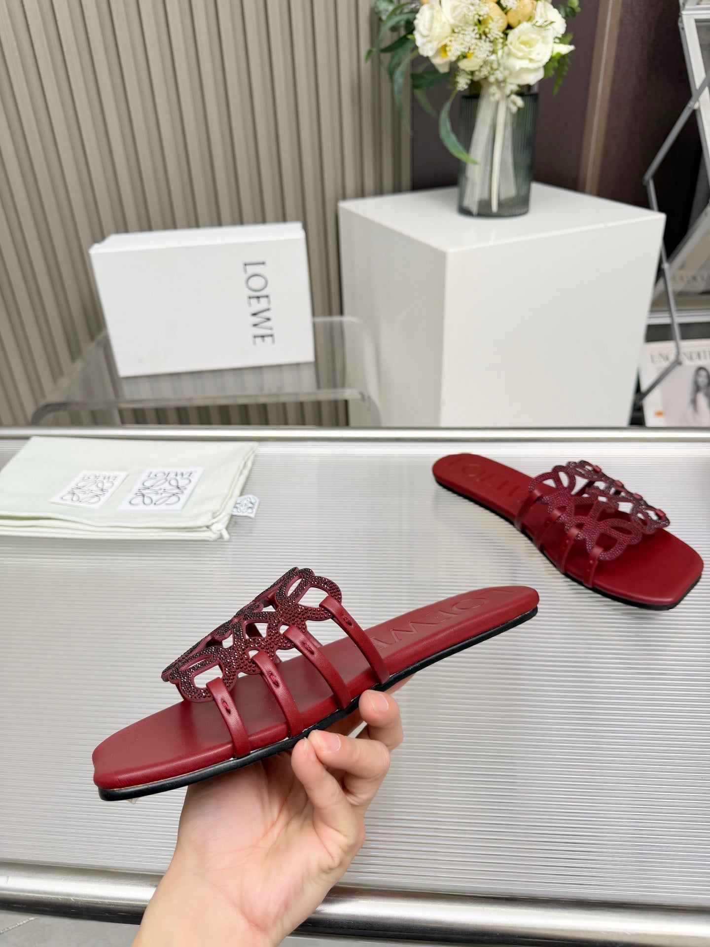 LOEWE 26S FLAT SANDALS IN DARK RED CALFSKIN WITH CRYSTALS