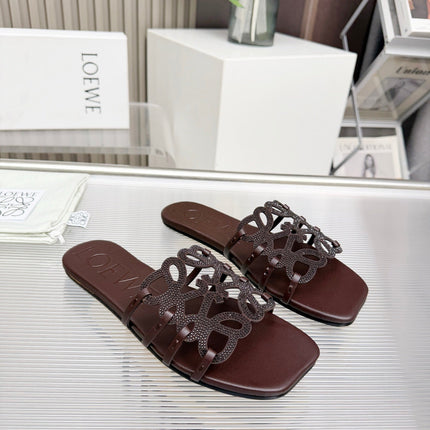 LOEWE 26S FLAT SANDALS IN DARK BROWN CALFSKIN WITH CRYSTALS