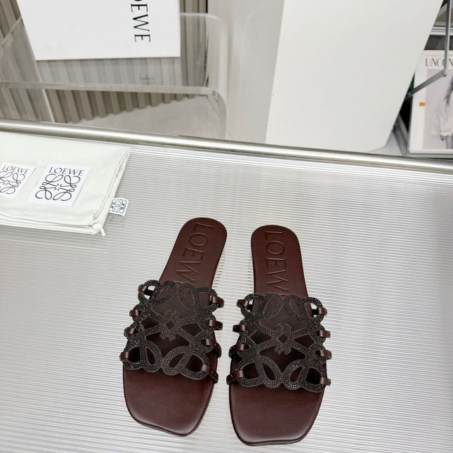 LOEWE 26S FLAT SANDALS IN DARK BROWN CALFSKIN WITH CRYSTALS