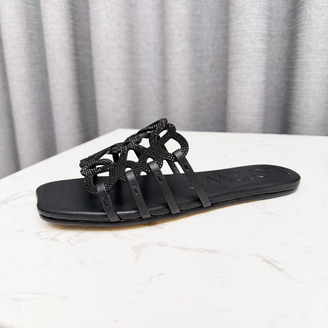 LOEWE 26S FLAT SANDALS IN BLACK CALFSKIN WITH CRYSTALS