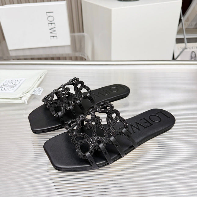 LOEWE 26S FLAT SANDALS IN BLACK CALFSKIN WITH CRYSTALS