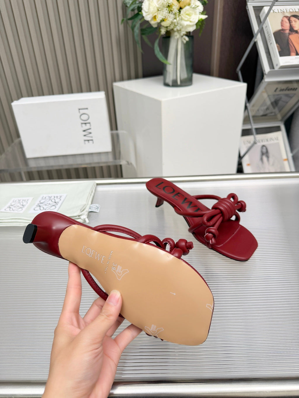 LOEWE 26S KITTEN HEEL KNOT SANDALS 45MM IN BURGUNDY RED CALFSKIN