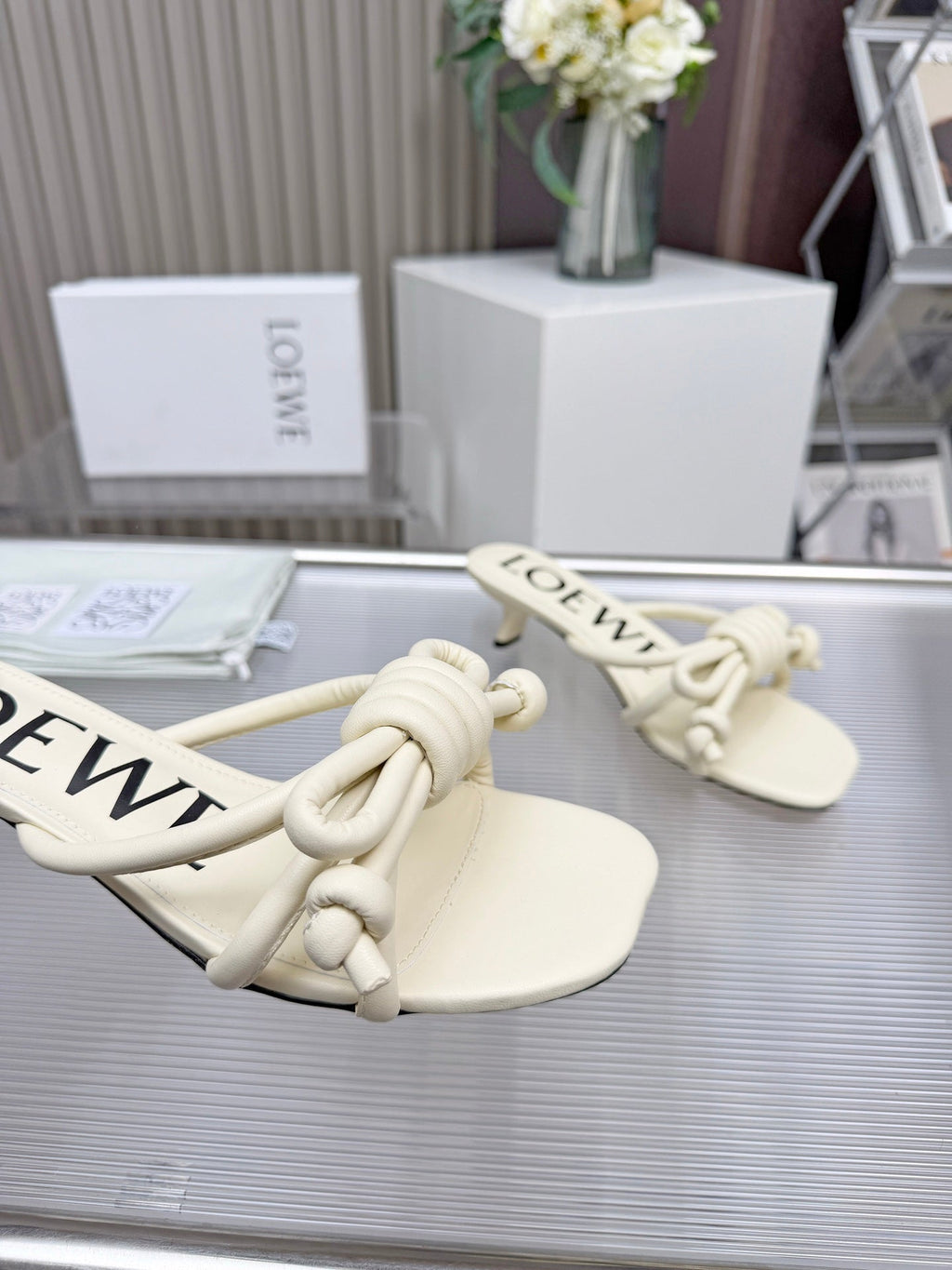 LOEWE 26S KITTEN HEEL KNOT SANDALS 45MM IN CREAM WHITE CALFSKIN