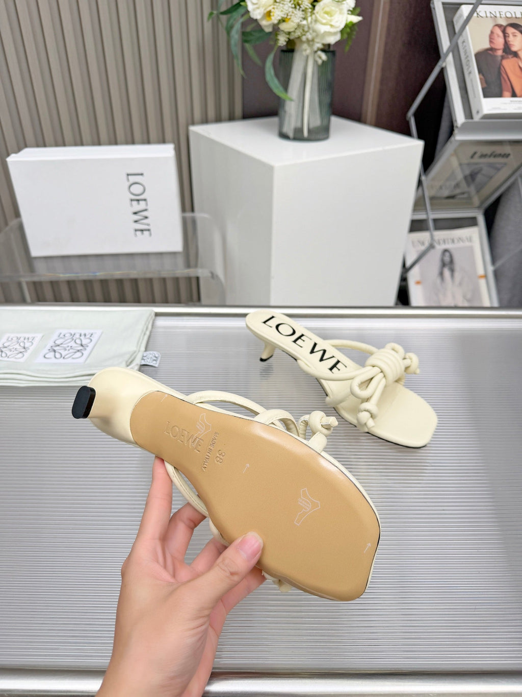 LOEWE 26S KITTEN HEEL KNOT SANDALS 45MM IN CREAM WHITE CALFSKIN