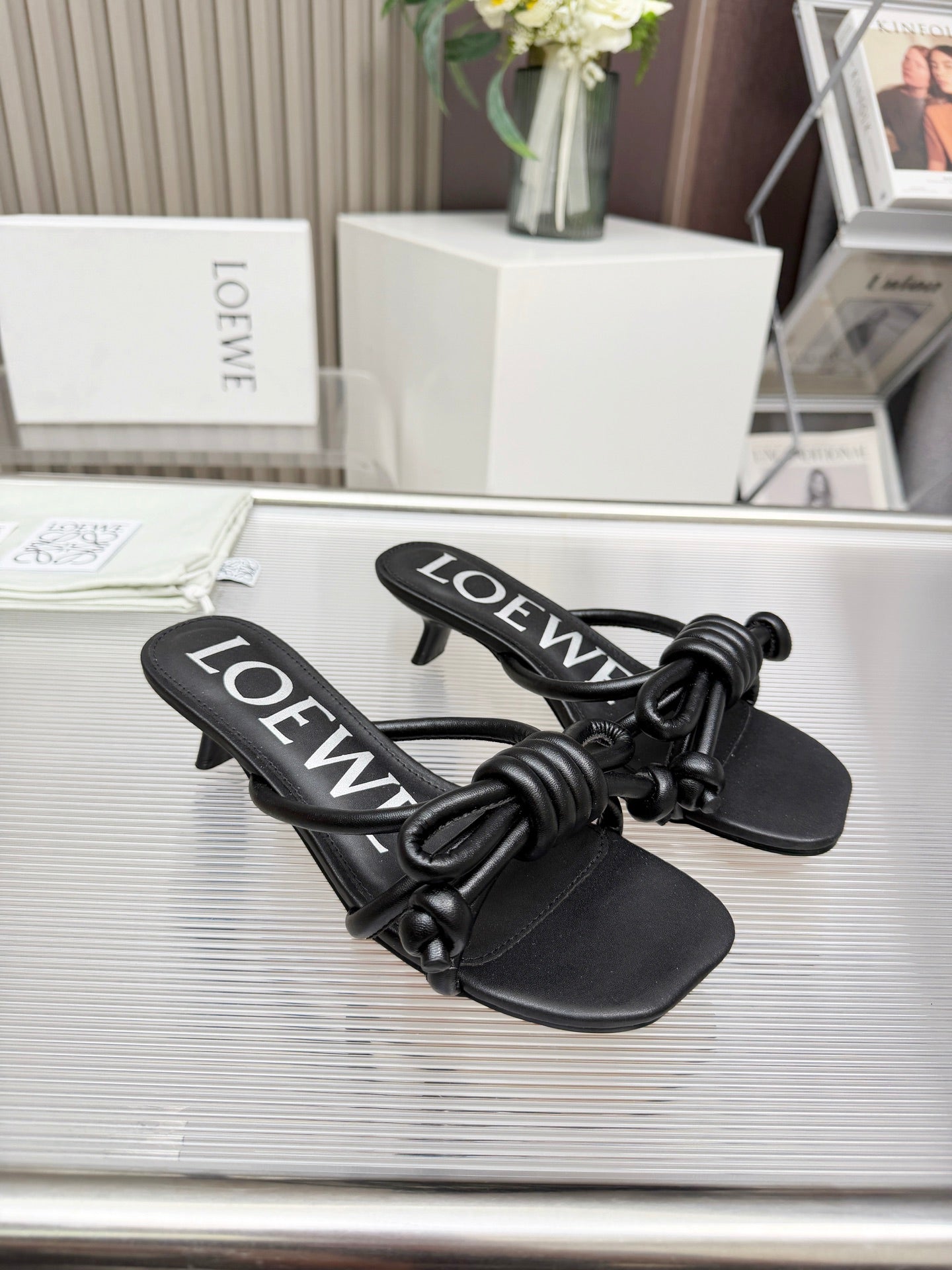 LOEWE 26S KITTEN HEEL KNOT SANDALS 45MM IN BLACK CALFSKIN