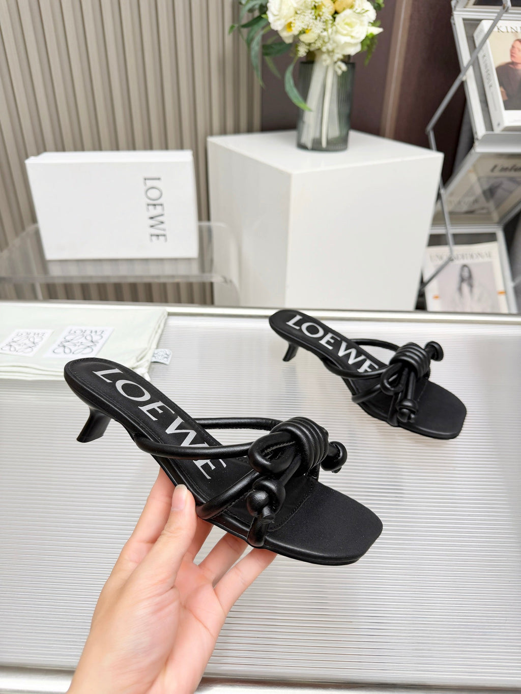 LOEWE 26S KITTEN HEEL KNOT SANDALS 45MM IN BLACK CALFSKIN