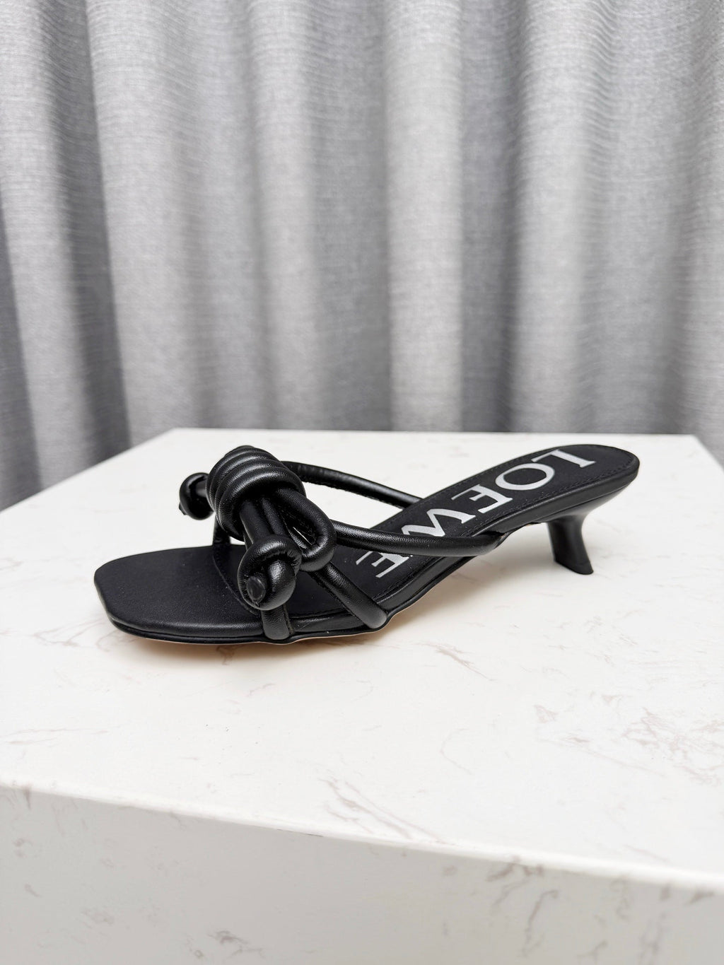 LOEWE 26S KITTEN HEEL KNOT SANDALS 45MM IN BLACK CALFSKIN