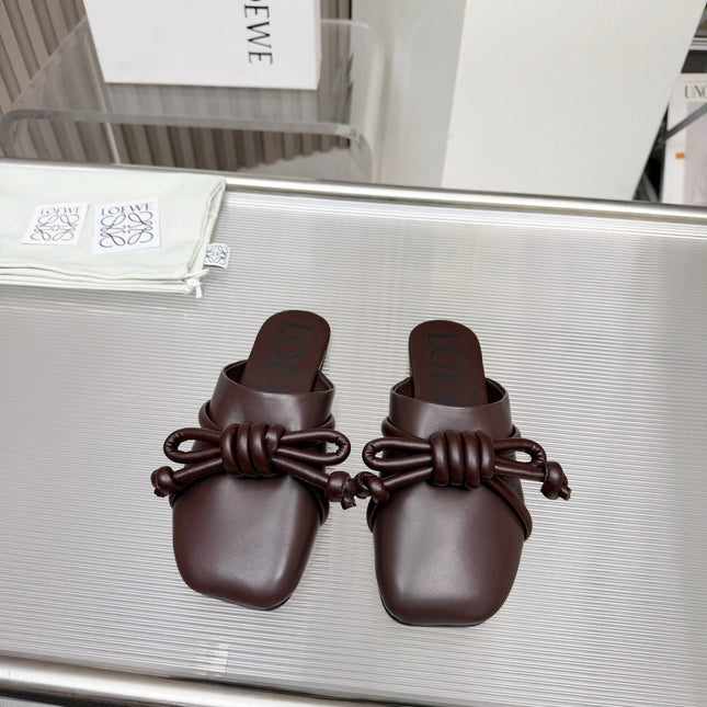 LOEWE 26S MULE LOAFERS IN DARK BROWN CALFSKIN KNOT DETAIL