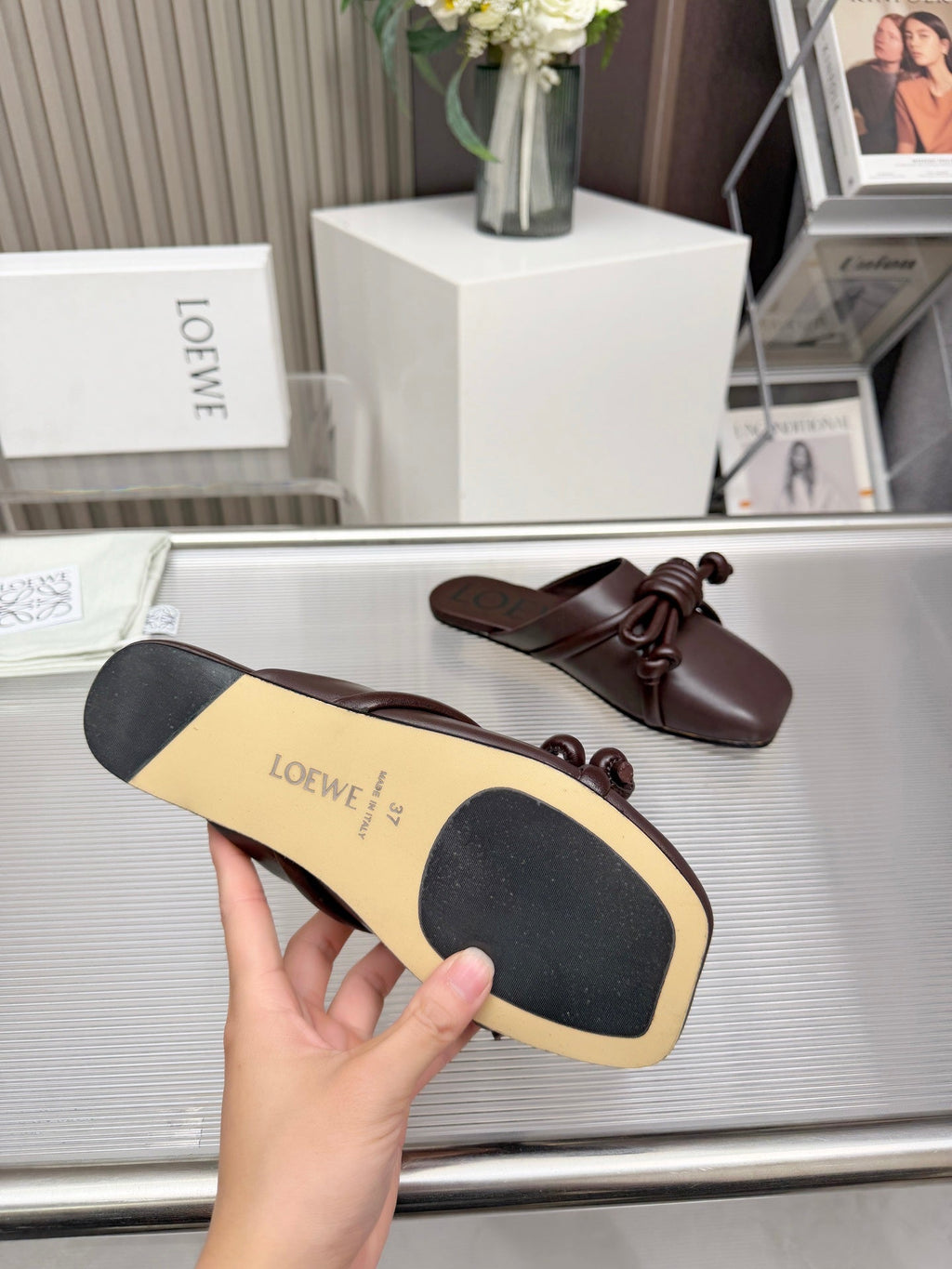 LOEWE 26S MULE LOAFERS IN DARK BROWN CALFSKIN KNOT DETAIL