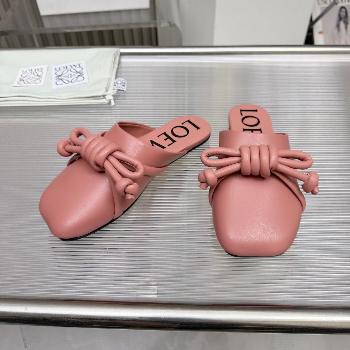 LOEWE 26S MULE LOAFERS IN PINK CALFSKIN KNOT DETAIL