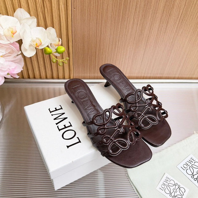 LOEWE 26S PETAL ANAGRAM KITTEN HEEL SANDALS 45MM IN DARK BROWN SOFT CALFSKIN