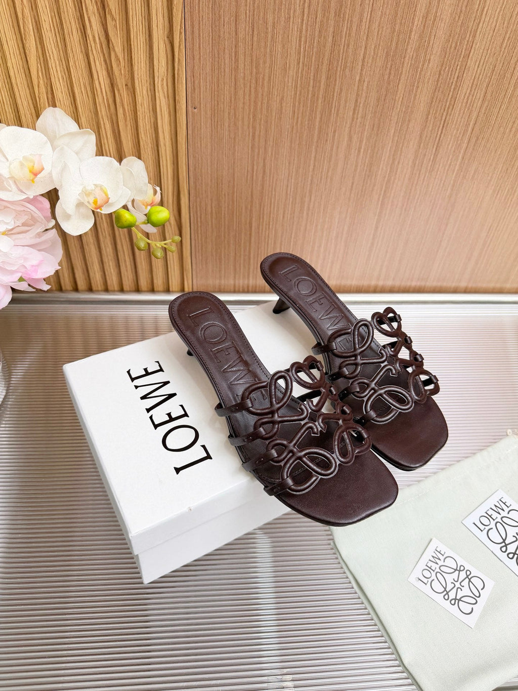 LOEWE 26S PETAL ANAGRAM KITTEN HEEL SANDALS 45MM IN DARK BROWN SOFT CALFSKIN