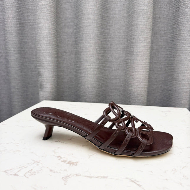 LOEWE 26S PETAL ANAGRAM KITTEN HEEL SANDALS 45MM IN DARK BROWN SOFT CALFSKIN