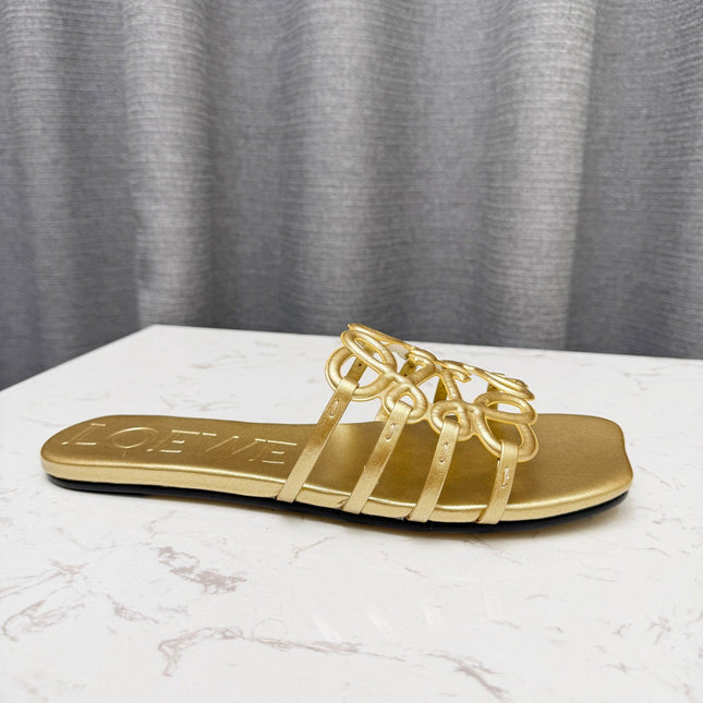 LOEWE 26S PETAL ANAGRAM SLIDE IN GOLD SOFT CALFSKIN