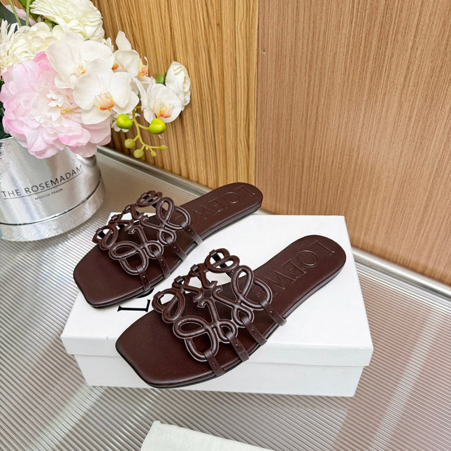 LOEWE 26S PETAL ANAGRAM SLIDE IN DARK BROWN SOFT CALFSKIN
