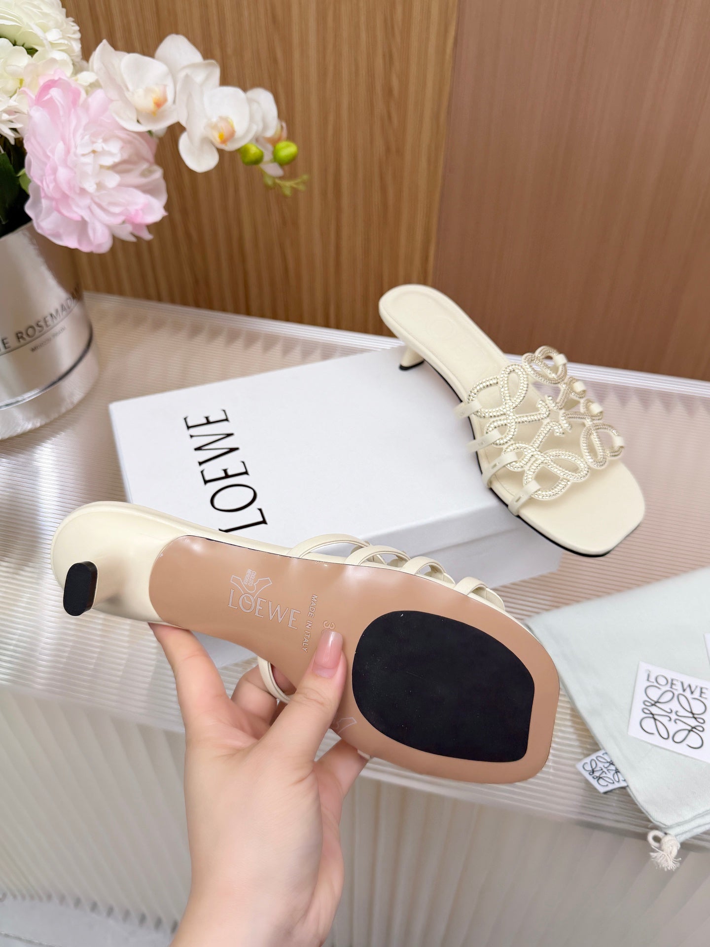 LOEWE 26S PETAL ANAGRAM SLIDE 45MM IN CREAM WHITE SOFT CALFSKIN WITH CRYSTALS