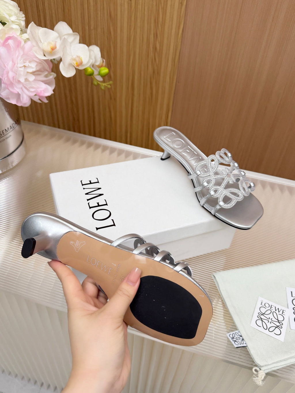 LOEWE 26S PETAL ANAGRAM SLIDE 45MM IN SILVER SOFT CALFSKIN WITH CRYSTALS