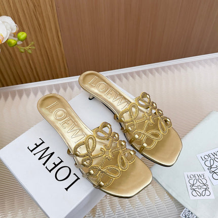 LOEWE 26S PETAL ANAGRAM SLIDE 45MM IN GOLD SOFT CALFSKIN WITH CRYSTALS