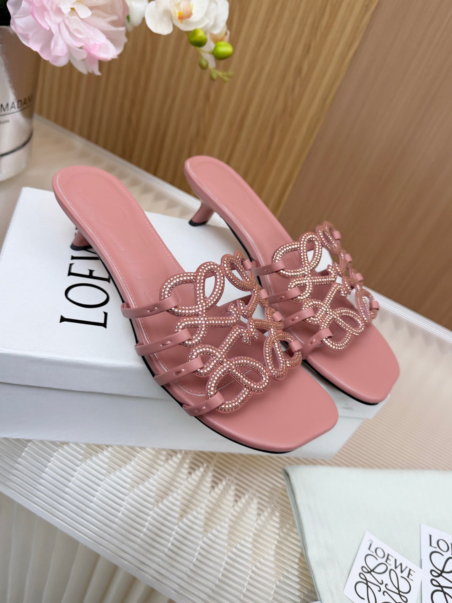 LOEWE 26S PETAL ANAGRAM SLIDE 45MM IN PINK SOFT CALFSKIN WITH CRYSTALS
