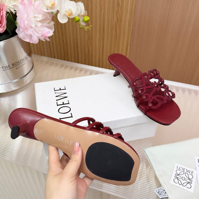 LOEWE 26S PETAL ANAGRAM SLIDE 45MM IN DARK RED SOFT CALFSKIN WITH CRYSTALS