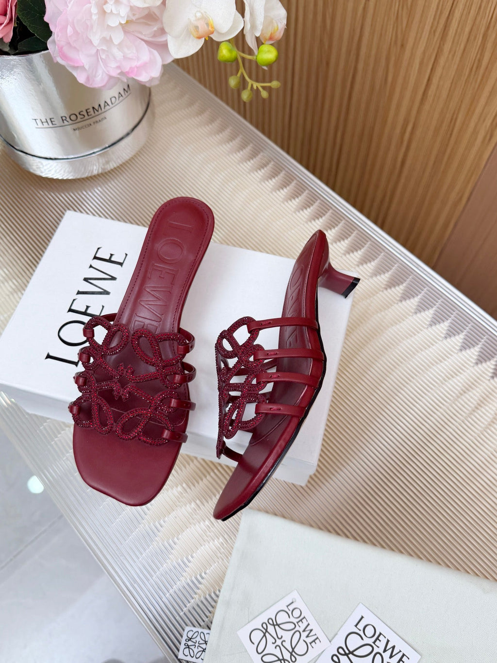 LOEWE 26S PETAL ANAGRAM SLIDE 45MM IN DARK RED SOFT CALFSKIN WITH CRYSTALS