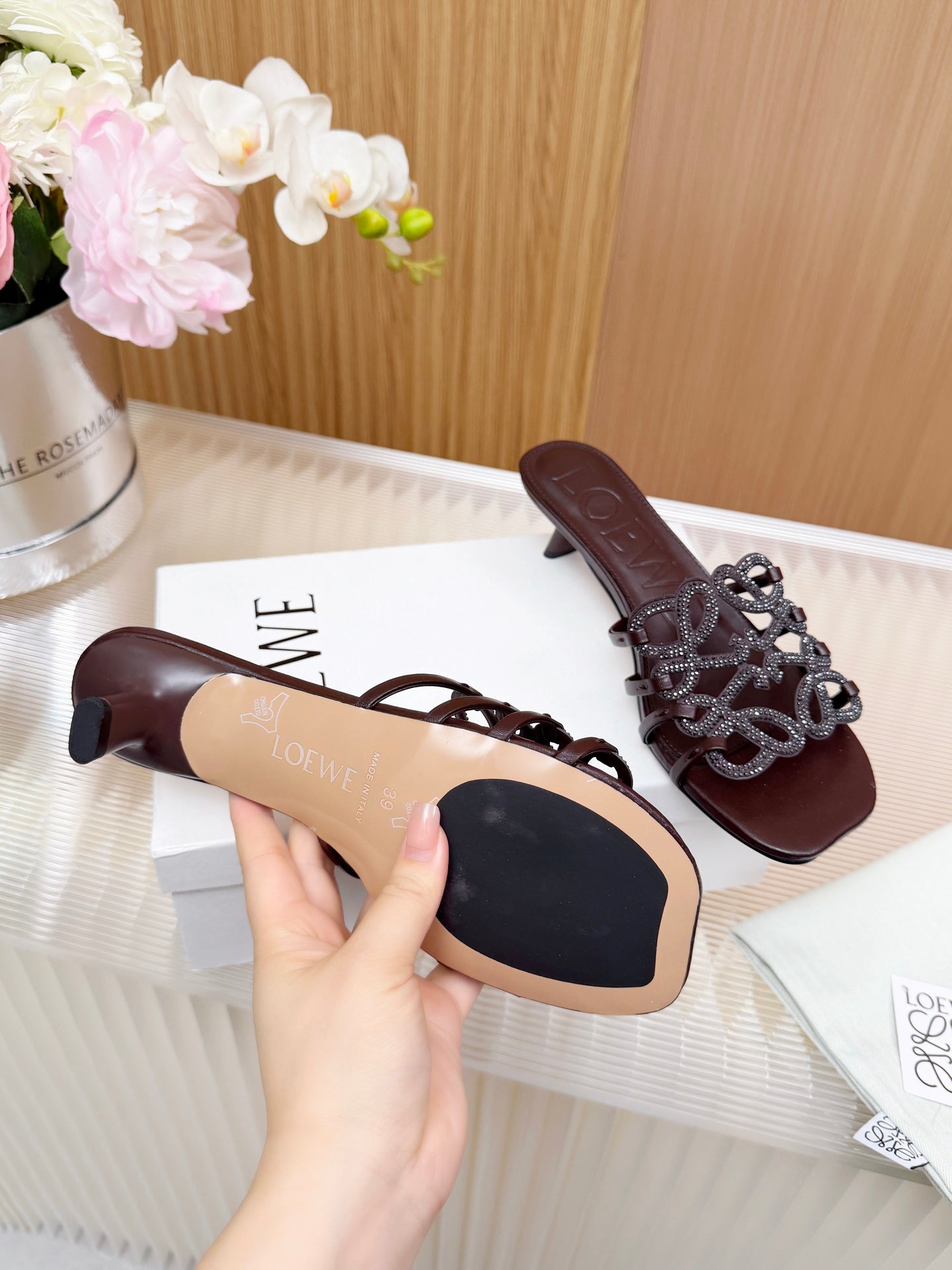 LOEWE 26S PETAL ANAGRAM SLIDE 45MM IN DARK BROWN SOFT CALFSKIN WITH CRYSTALS