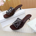 LOEWE 26S PETAL ANAGRAM SLIDE 45MM IN DARK BROWN SOFT CALFSKIN WITH CRYSTALS
