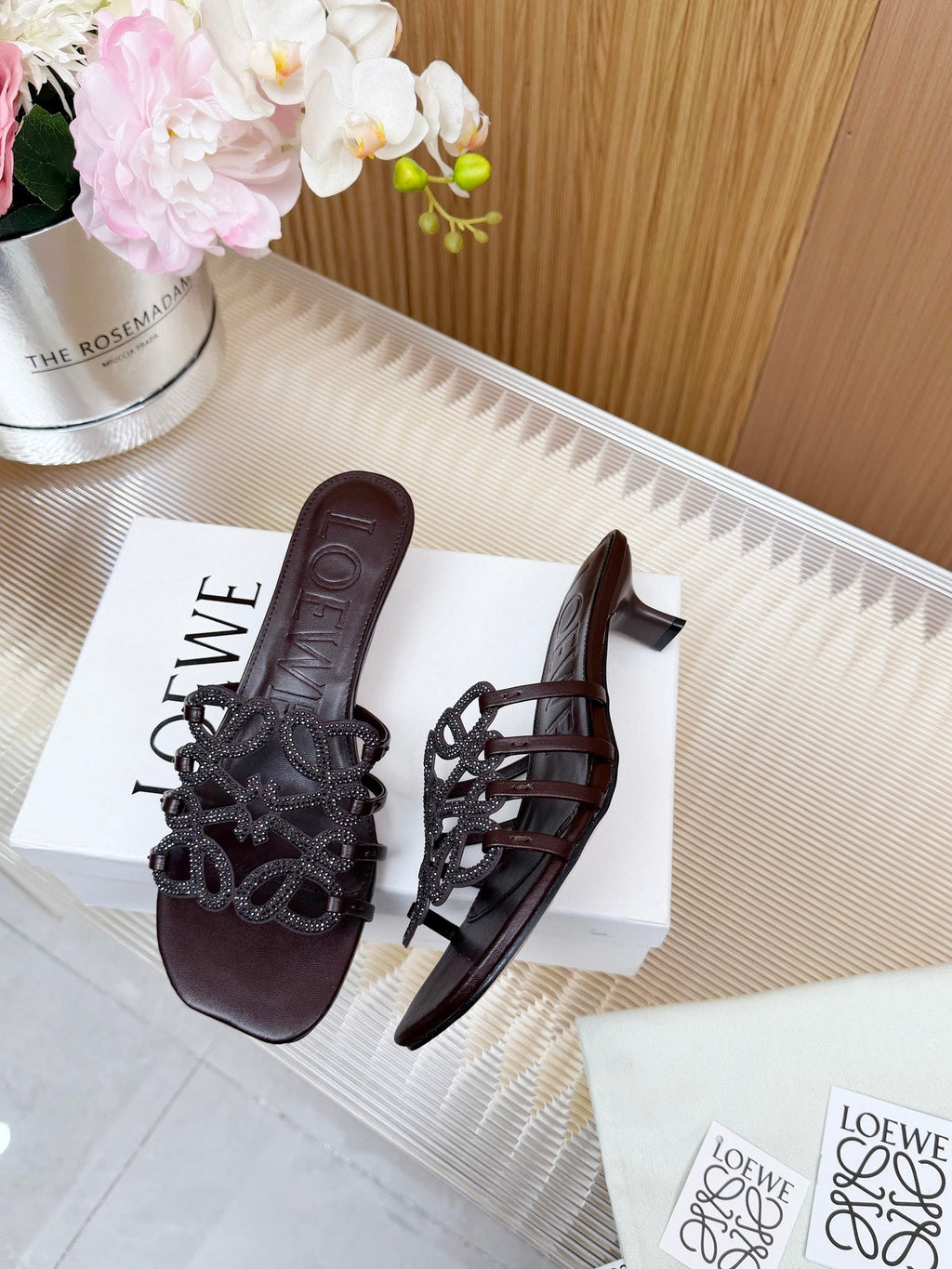 LOEWE 26S PETAL ANAGRAM SLIDE 45MM IN DARK BROWN SOFT CALFSKIN WITH CRYSTALS