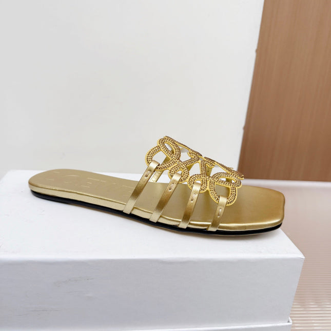 LOEWE 26S FLAT SANDALS IN GOLD CALFSKIN WITH CRYSTALS