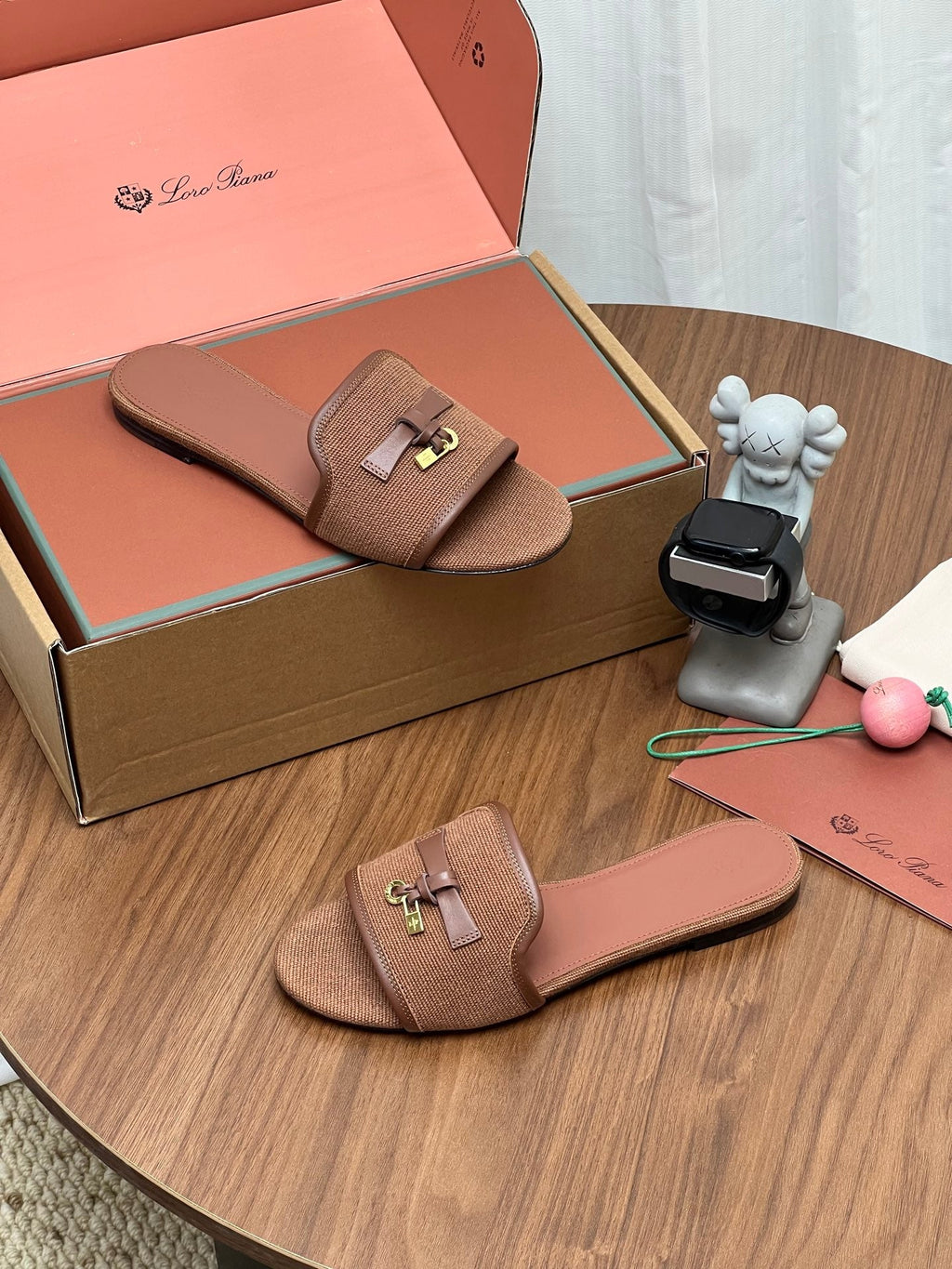 LP 26S SLIDES IN LIGHT BROWN CANVAS AND CALFSKIN