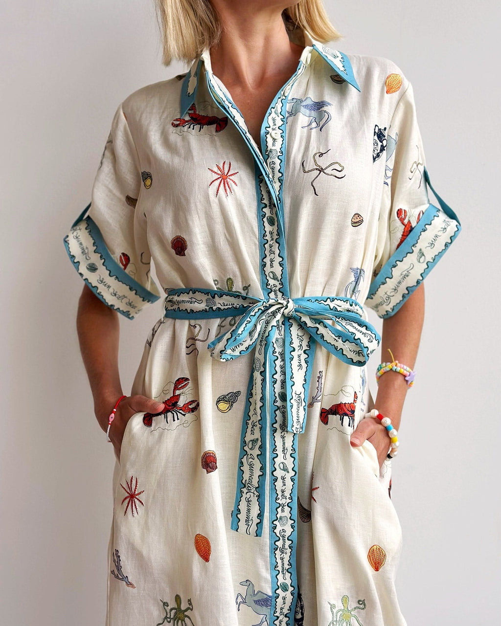 ALEMAIS LONG SHIRT DRESS WITH BELT AND OCEAN-INSPIRED PRINT 267458