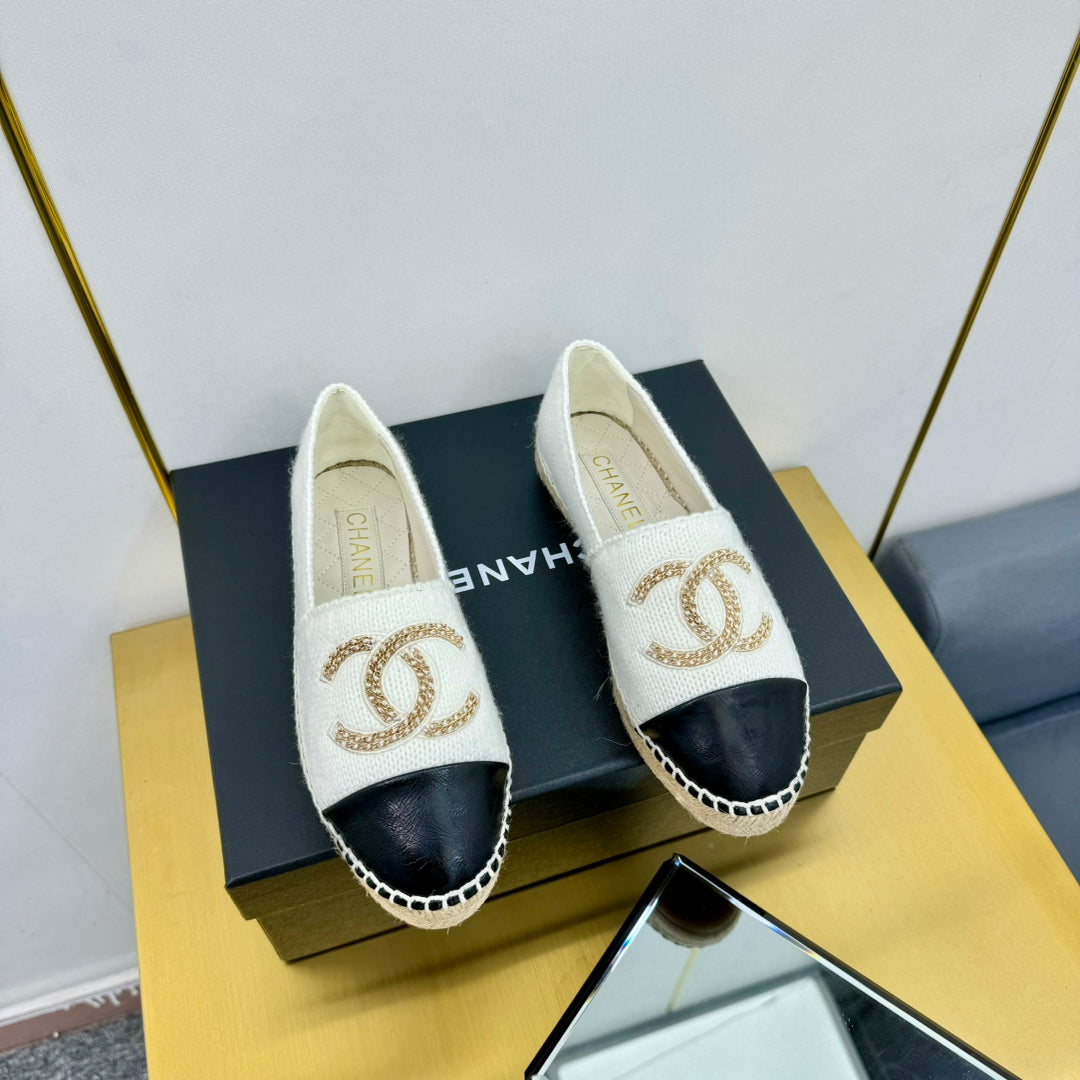 CC ESPADRILLES PLATFORM 25S IN WHITE KNITTED WOOL AND BLACK LAMBSKIN