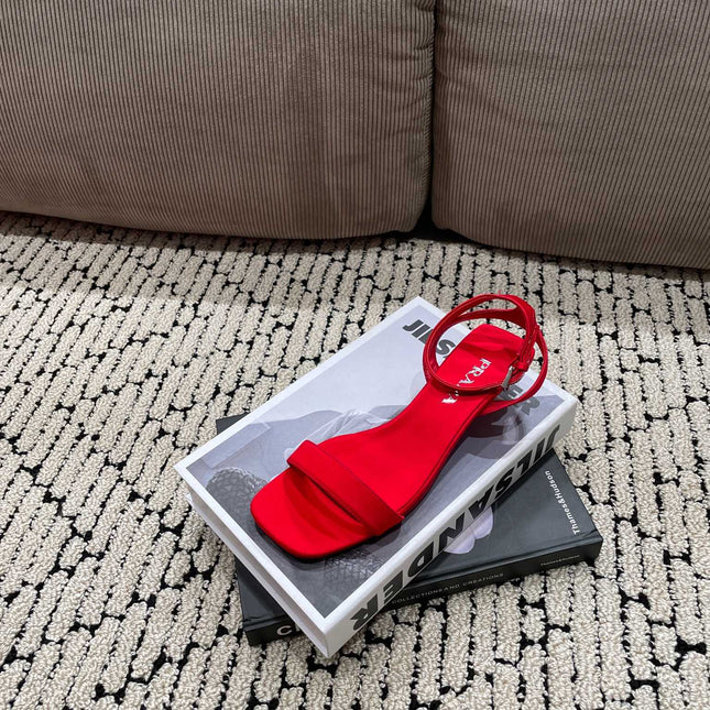 PRA TRIANGLE HEEL SATIN SANDALS CRIMSON