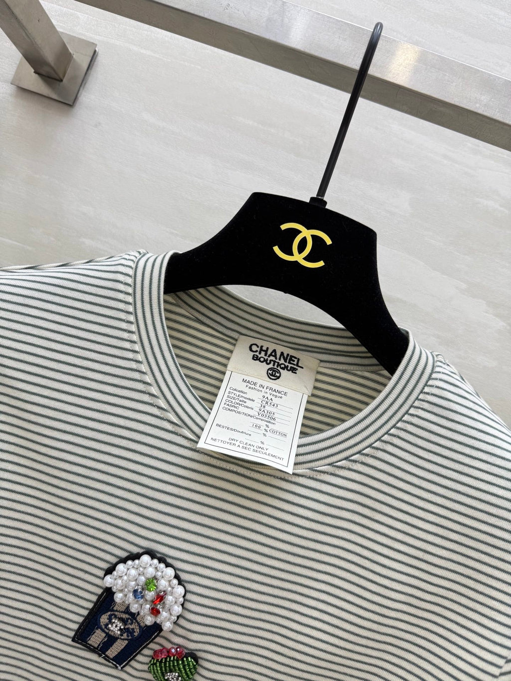 CC Beaded T-shirt Gray White Cotton