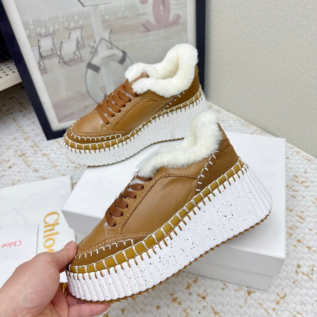 CHLOÉ 26S WEDGE SOLE SNEAKERS IN BROWN CALFSKIN