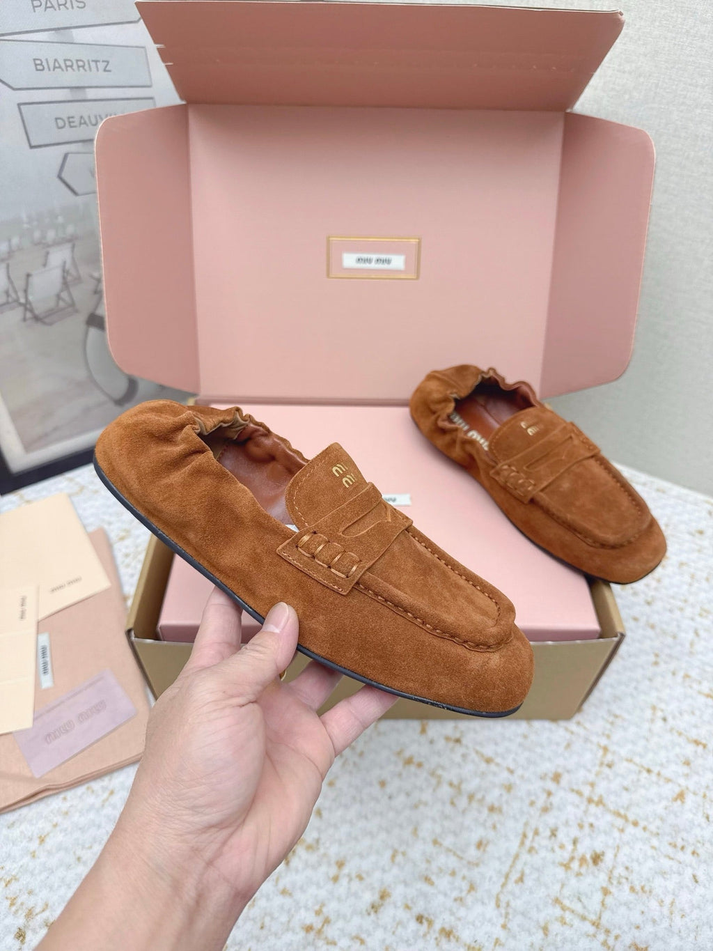 MIUMIU 25S NAPPA LOAFERS IN CARAMEL BROWN SUEDE