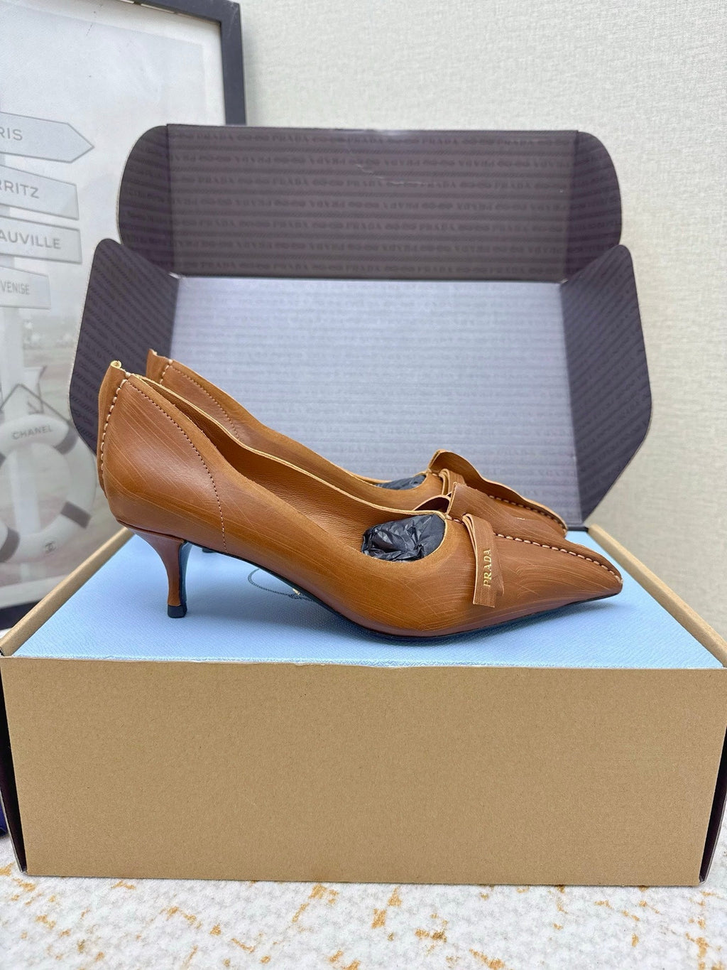 PRADA 26S ANTIQUED LEATHER PUMPS 55MM IN TAN BROWN CALFSKIN