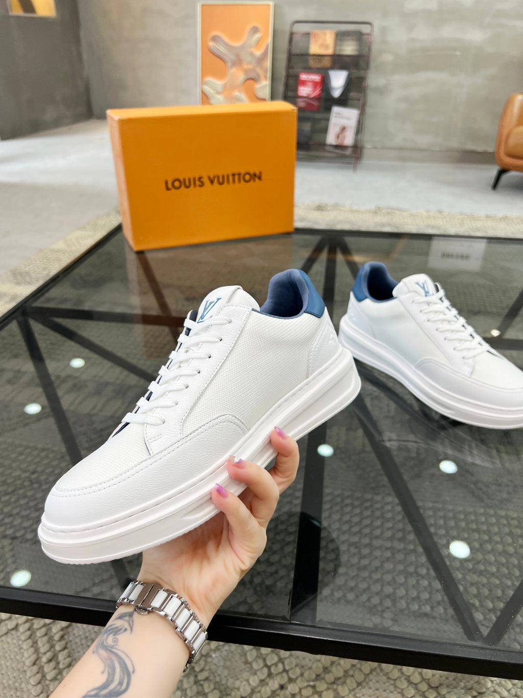 BEVERLY HILLS TRAINERS WHITE MIX DENIM BLUE CALFSKIN AND MESH FABRIC