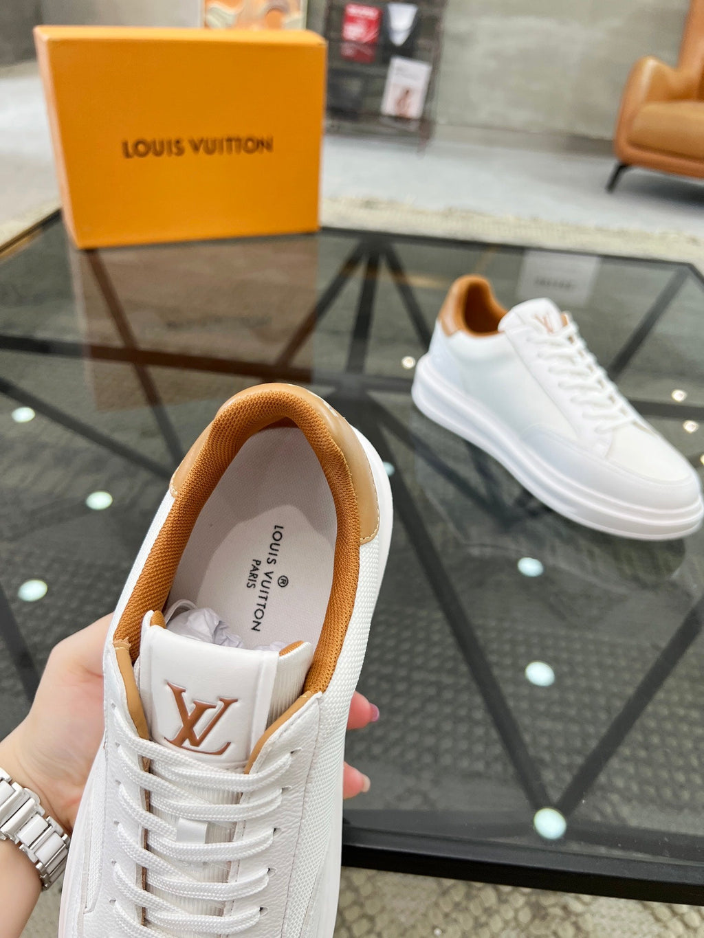 BEVERLY HILLS TRAINERS WHITE MIX BROWN CALFSKIN AND MESH FABRIC
