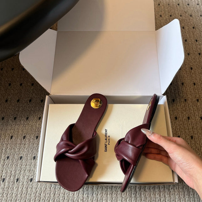 YSL 26S TWISTED-STRAP FLAT SANDALS IN DARK RED LAMBSKIN