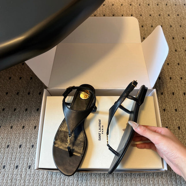 YSL 26S WIDE-STRAP THONG SANDALS IN BLACK CALFSKIN