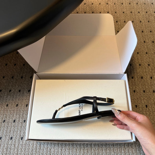 YSL 26S WIDE-STRAP THONG SANDALS IN BLACK CALFSKIN